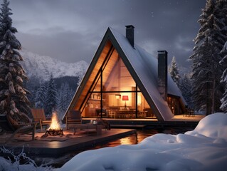 A Scandinavian-style cabin in a snowy wilderness, featuring a cozy fireplace and minimalist design.
