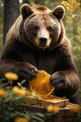 a bear in the forest eating honey in a honeycomb