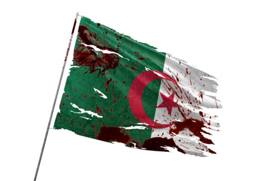 Algeria torn flag on transparent background with blood stains.