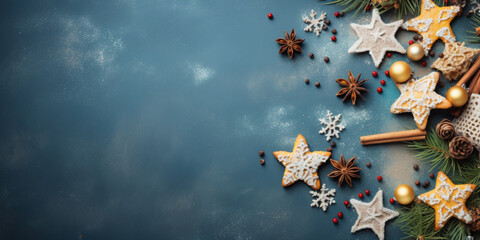 Christmas and New Year background. Festive decoration on blue background. Top view