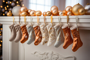 Empty stockings hanging on fireplace decorated with balls. Three Kings Day, Epiphany day, Christmas.