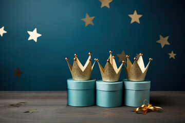 Composition with three gold paper kings crowns placed on gift boxes against dark blue background with gold stars. Three Kings day, Epiphany day concept