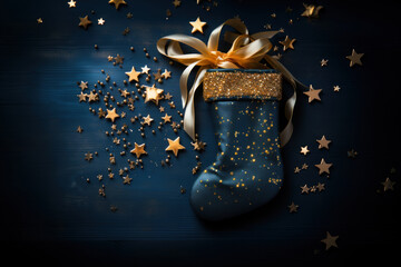 Dark blue night flat lay with stocking and gold stars. Three Kings Day, Epiphany day, Christmas.