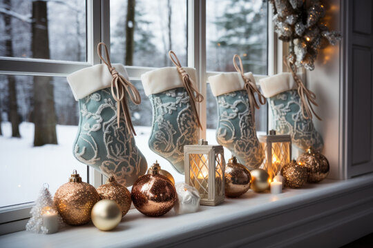 Empty stockings hanging on window decorated with balls and candles with winter landscape outside. Three Kings Day, Epiphany day, Christmas. Holiday waiting.