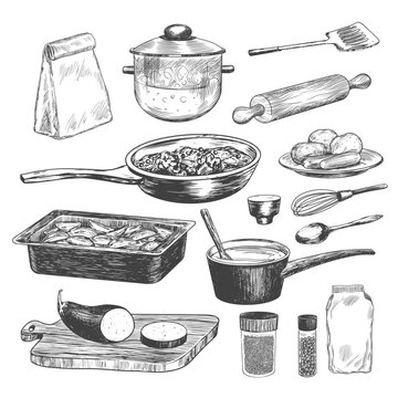 Set of sketches of kitchen utensils for cooking. Cooking pot, saucepan, spice packs, pepper shaker, frying pan, rolling pin, cutting board, spoon isolated on white. Hand drawn illustration. Cookware