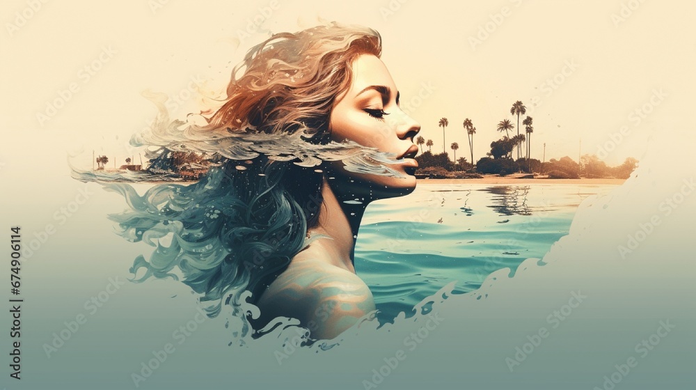 Wall mural Double exposure illustration, woman silhouette with water and beach.