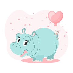 Cute cartoon baby hippo with heart shaped balloon. Baby illustration, greeting card, vector