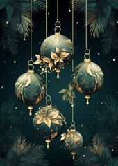 Illustration Christmas balls card template with Luxury Golden Ornaments in Rich emerald green and Gold colors. For banners, posters, advertising. AI generated.