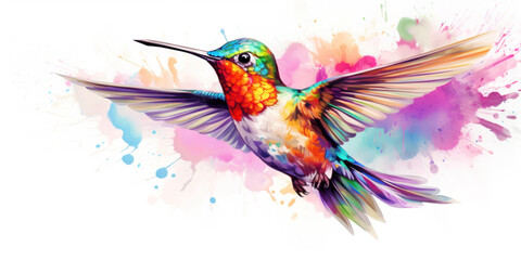 Dreamy feeling of colorful hummingbird. White background. Wall art, watercolor