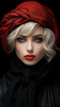 Portrait of a beautiful female fashion model. Girl with a red turban and red lips