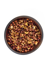 Raw gray peas with bacon in round bowl. Organic healthy diet food. Traditional Latvian dishes.