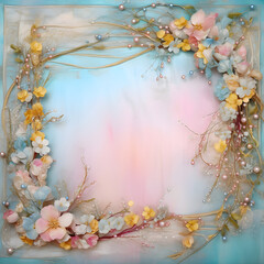  Romantic elegant frame of  spring flowers, pearls and leaves for wedding, engagement, message, text, greeting card, Valentine, Mother day on pastel pink and blue background.