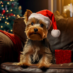 Yorkshire terrier in a Santa hat against the background of a Christmas tree