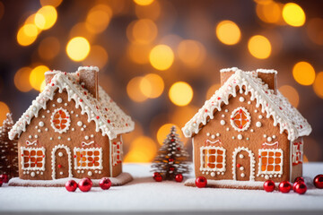 Gingerbread house with christmas decoration on snow with bokeh background