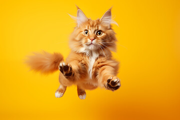 Happy Maine Coon Cat Jumping on a Yellow Background. Banner concept for pet shops and pet niche e-commerce
