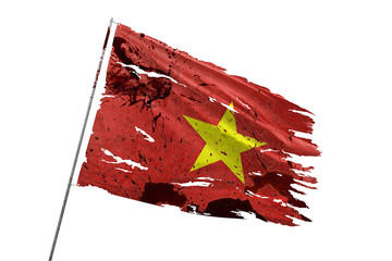 Vietnam torn flag on transparent background with blood stains.