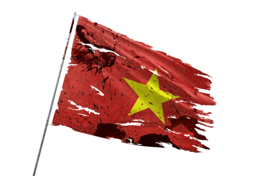 Vietnam torn flag on transparent background with blood stains.