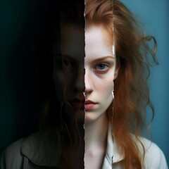 portrait of a woman with split personality 