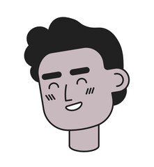 Black young man smiling with closed eyes black and white 2D vector avatar illustration. African american boy outline cartoon character face isolated. Content laugh flat user profile image, portrait