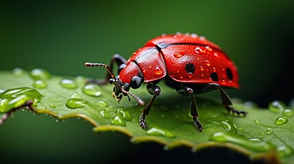 Fototapeta premium The ladybug walked around in the damaged leaf