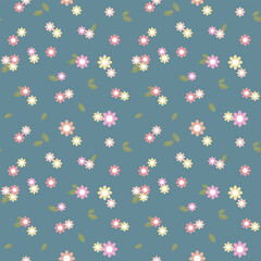 Seamless pattern of small delicate flowers and scattered leaves. Floral background, print, textile, vector