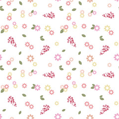 Seamless pattern of small delicate flowers and scattered leaves. Floral background, print, textile, vector