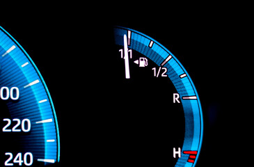 Car fuel gauge indicating full tank