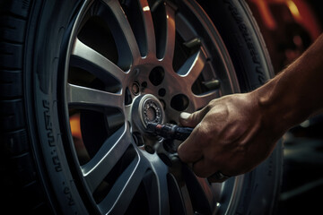 Fototapeta na wymiar mechanic changing a car wheel with a wrench. Closeup