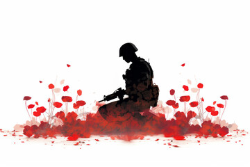 Remembrance day design background. Soldier silhouette in a poppy field - obrazy, fototapety, plakaty