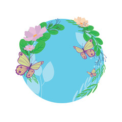 Isolated colored badge with butterflies and leaves Vector