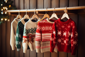 A selection of ugly christmas jumpers hanging on a rail at a christmas market