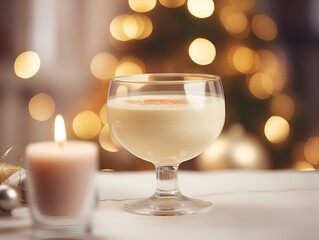 A delicious eggnog drink with whipped cream on top on table, blurred lights Christmas market 