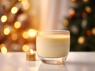 A glass of a traditional Christmas drink eggnog with cinnamon on table, blurred background with lights 
