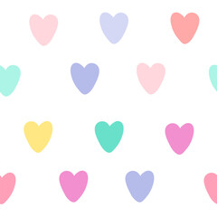 All over seamless vector repeat pattern with cute doodle pastel rainbow hearts on white. Girls, baby, Valentines day backdrop