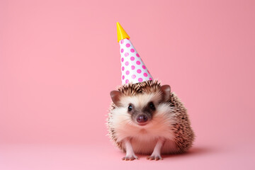 Fototapeta na wymiar Hedgehog in party cone hat on pastel background. Creative animal concept. Generative AI