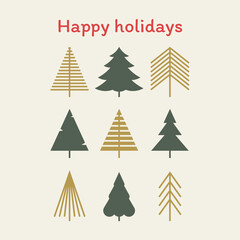 Fototapeta premium Marry Christmas greeting card with simple geometrical Christmas trees. Vector illustration on isolated background
