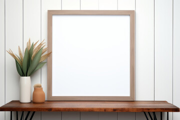 Mock up of plain white blank frame on console table. Christmas farmhouse decor. Generative AI - obrazy, fototapety, plakaty