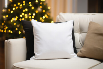Mock up of plain white blank pillow on sofa. Christmas tree lights on background. Generative AI