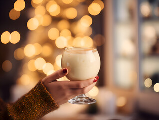 Close up of woman's hands  holding a eggnog drink at Christmas market, blurred background with lights 