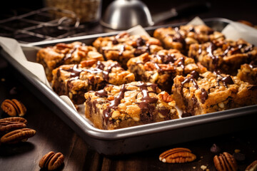 Sheet pan filled with caramel pecan chocolate pie. Generative AI