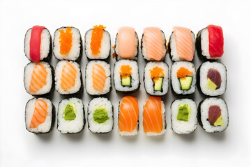 Japanese Sushi Set Isolated on White Background: Salmon and Avocado Sushi Roll