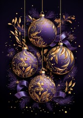Christmas balls with Rich purple and Gold colors and Luxury Golden Ornaments on purple background. illustration. For banners, posters, advertising. AI generated.