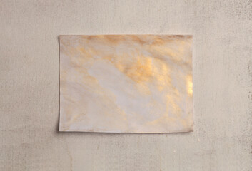 Beige and nacre Gold  frame painting paper empty card on wood wall. Abstract texture copy space neutral grunge background.