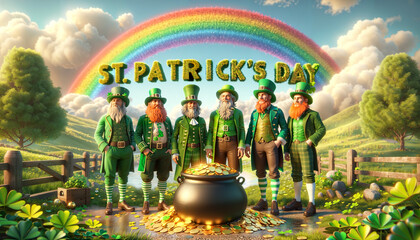 St. Patrick's day celebration with green leprechauns, a pot of gold a rainbow and shamrock or clover, irish holiday symbols, cartoon or 3d illustration style image, hd