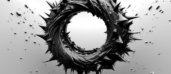 3d render of monochrome black and white abstract art with surreal flying rough metal ring doughnut or torus with deformed damaged part with sharp spikes on dark grey background - obrazy, fototapety, plakaty