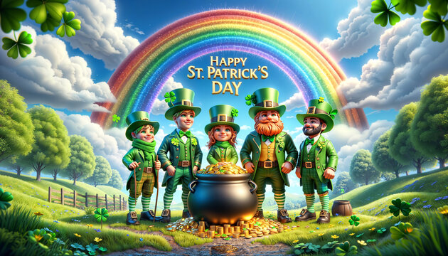 Happy St. Patrick's day celebration with green leprechauns, a pot of gold a rainbow and shamrock or clover, irish holiday symbols, cartoon or 3d illustration style image, hd