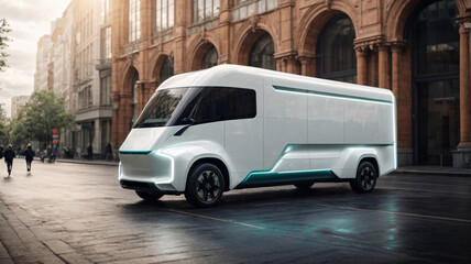 Side view of modern electric delivery car on the street in city.  Concept of eco-friendly transport and sustainable energy.