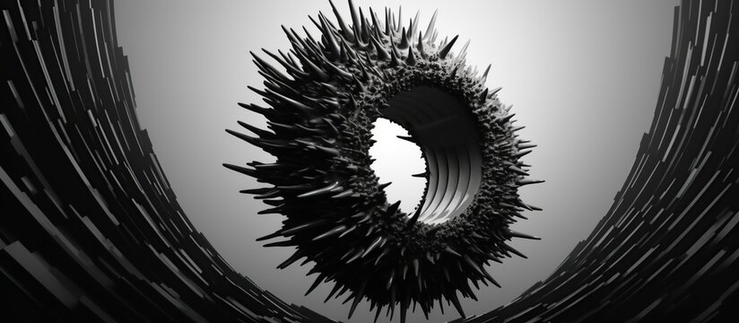 3d render of monochrome black and white abstract art with surreal flying rough metal ring doughnut or torus with deformed damaged part with sharp spikes on dark grey background