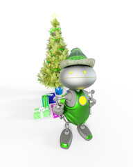 santa helper bot is in front of the present and also the xmas tree on top view