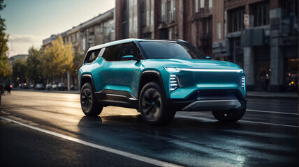 Side view of brand new  electric crossover on a city street. Concept of eco-friendly transport and sustainable energy. - obrazy, fototapety, plakaty